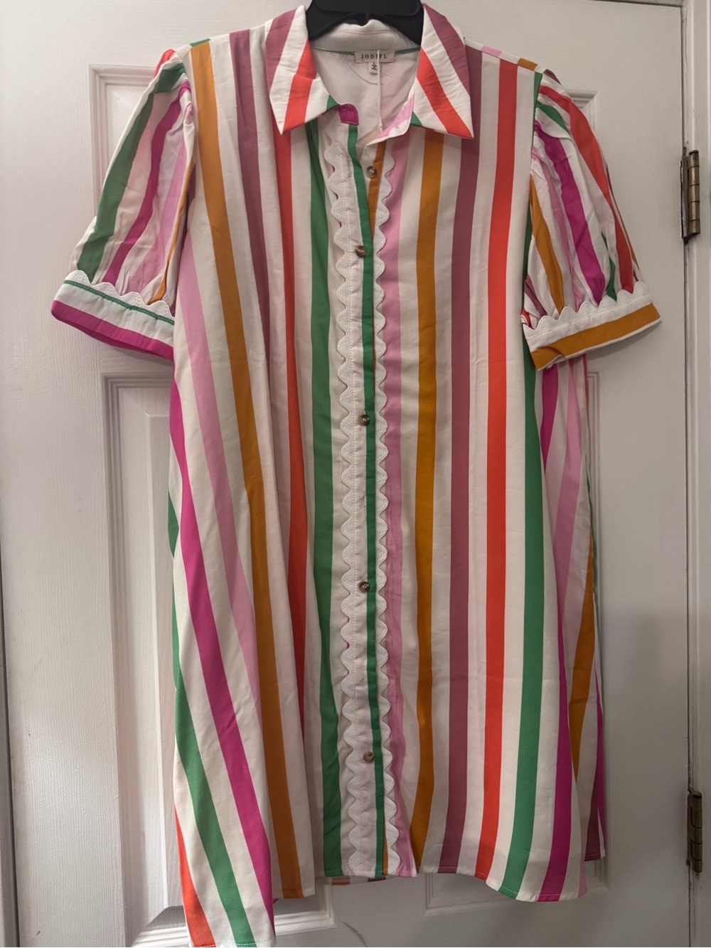 JODIFL Pink Green Orange Yellow Multi-Stripe Button-Front Dress